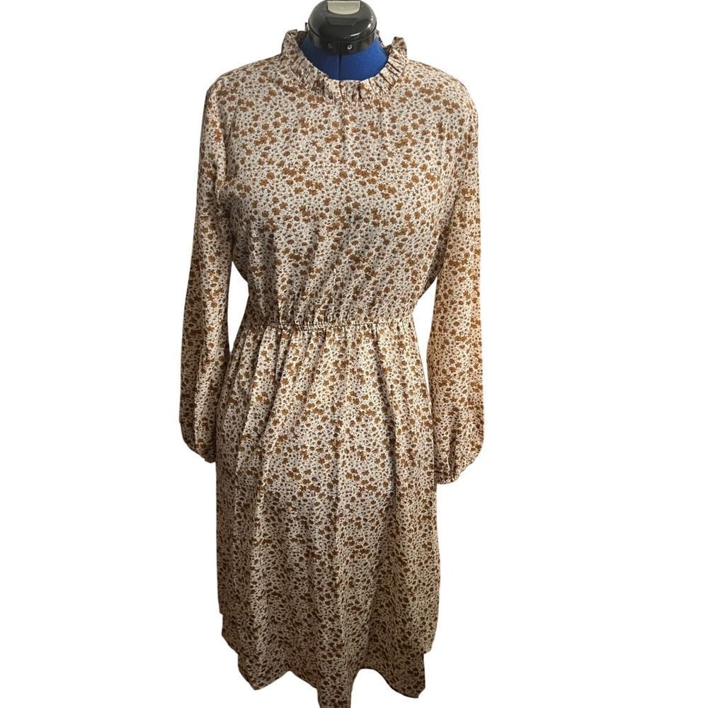 Floral Bohemian Midi‎ Brown Blue Cream  Long Sleeve Ruffled Neckline Sz 12 DresS